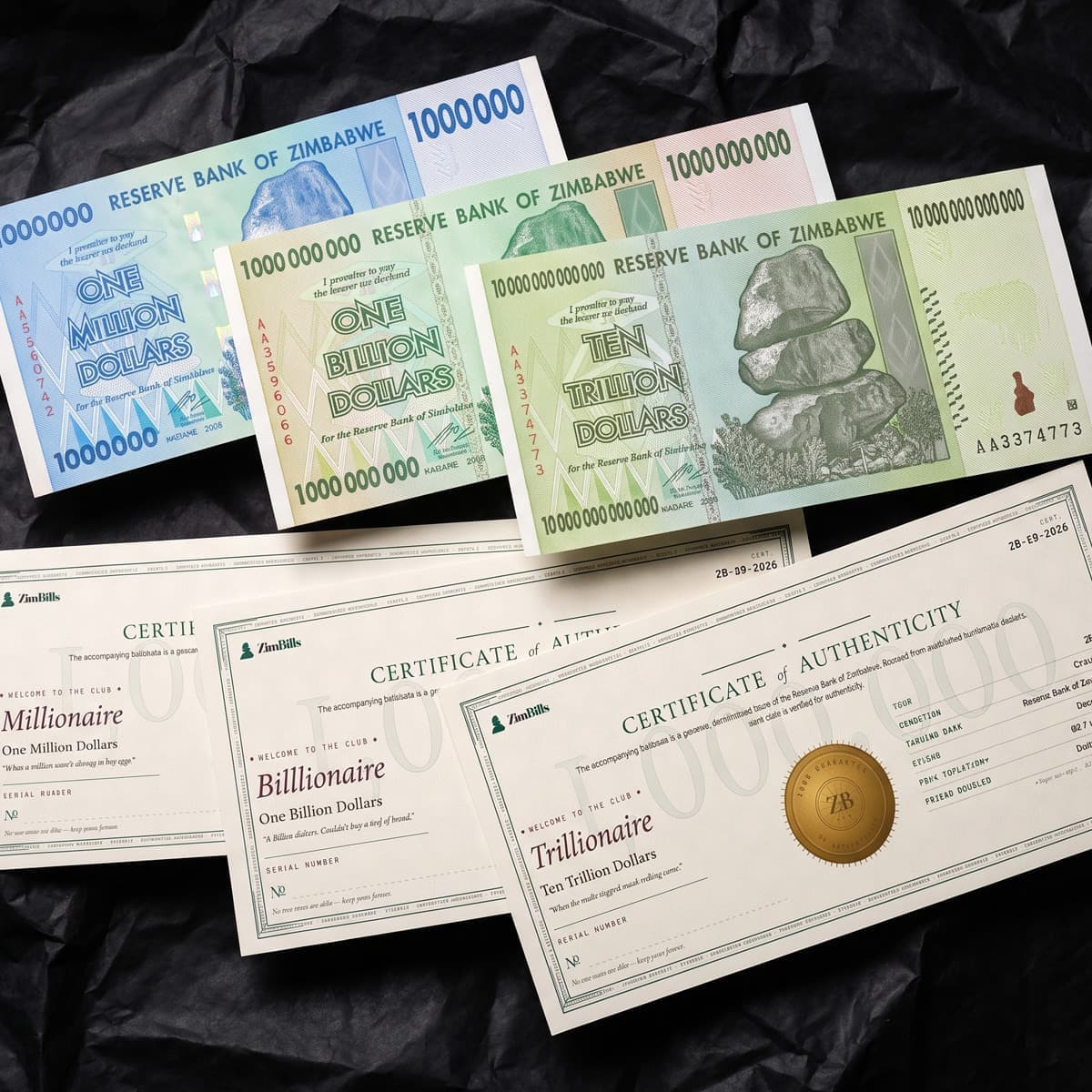 The three Zimbabwe banknotes of the Complete Collection laid out together