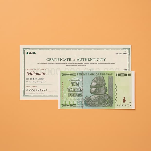 10 Trillion note laid over its matching Certificate of Authenticity